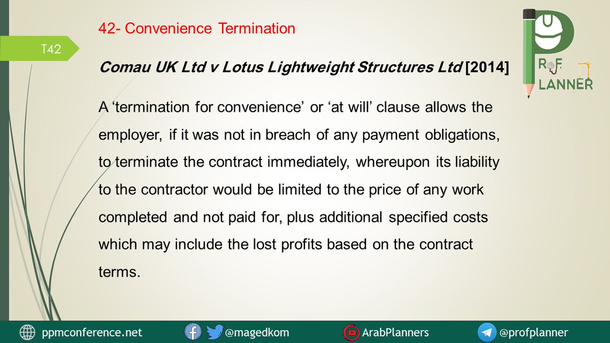 For Contract Managers and all Construction Professionals:
T42/50: Convience Termination.
My Profile: about.me/magedkom
#profplanner #consulting #contract #delayanalysis #fidic #law #riskmanagement #projectmanagement #projectcontrol #construction #pmp #ccp #pmi #aacei