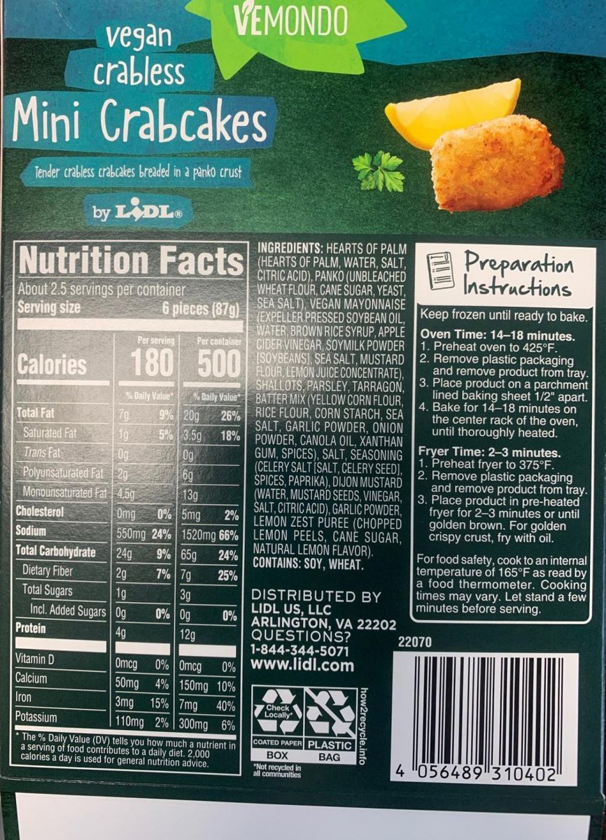 FDArecalls's tweet photo. Cuisine Innovations Unlimited, LLC Issues Allergy Alert on Undeclared Egg Yolks in “Vemondo Vegan Crabless Mini Crabcakes” by Lidl https://t.co/WWW0aernmF https://t.co/jmmeTDjQ0s