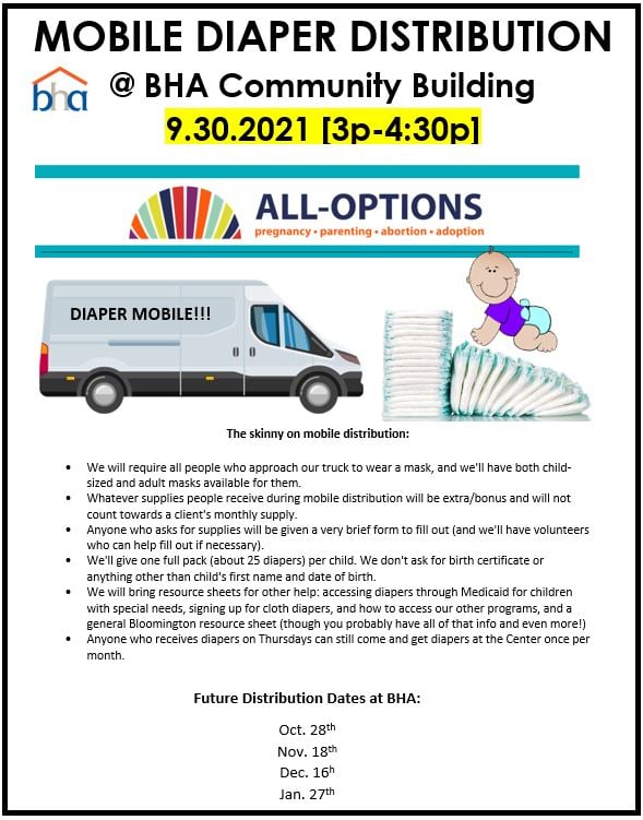Monthly Mobile Diaper Distribution today (Sept. 30, 2021) at Crestmont Community Center

#diapers #distribution #Bloomington #Indiana #mobiledistribution 

bloomingtonian.com/2021/09/30/mon…