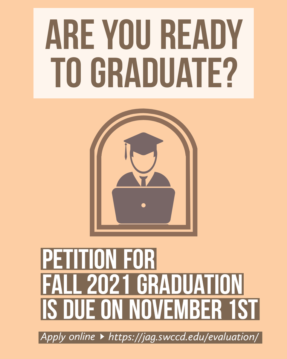 swc_hecsy's tweet photo. Hey Jag! Are you ready to graduate? The deadline to petition for your degree or certificate this Fall is November 1st.
Do you need to speak to a counselor to update your SEP (Student Education Plan)?
Send us a DM, we’ll help you set up a counseling appointment.
#swc #hecsy #fa21 https://t.co/ytQ0siqXeB