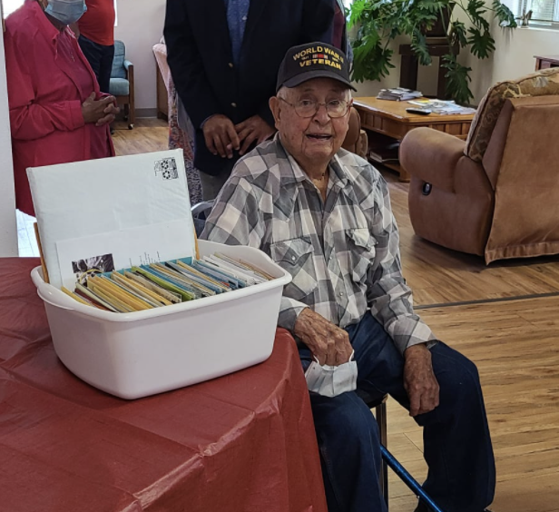 THEANTHEMGIRL's tweet photo. Here's another smiling 100 year old WWII Vet!!! Lawrence Decker celebrated his birthday w/ friends and HUNDREDS of cards from all of you!! Thanks to everyone who took the time to participate in mission 58!!  YOU made a difference in Lawrence's life. https://t.co/bGaDtYfZU3