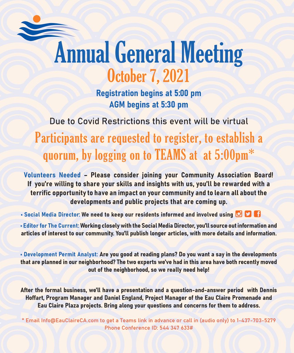 Our virtual AGM is just around the corner! Thursday, October 7th - 5:00pm registration, meeting starts at 5:30pm Meeting link: bit.ly/3EZ2SWy More information: EauClaireCA.com Contact us: info@EauClaireCA.com See you online!