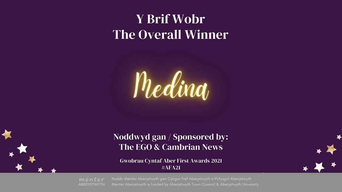 Llongyfarchiadau i Medina, yn cipo y Brif Wobr heno! A huge congratulations to Medina who wins our Overall Business Award tonight!

The judges felt that although Medina didn't win her categories, the business is an asset to #Aberystwyth and deserved the overall winner. #AFA2021