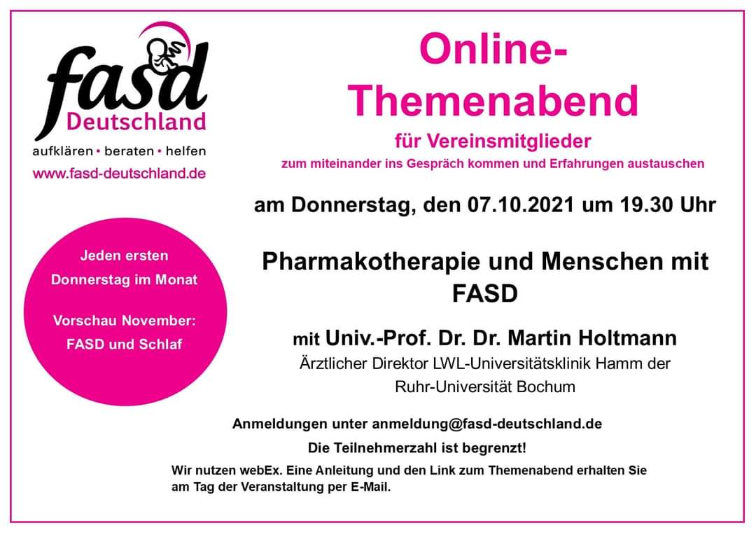 Univ.-Prof. Dr. Dr. Martin Holtmann wird zum Thema Pharmakotherapie und Menschen mit FASD sprechen! 

#leuchtturmfasd #vereinsmitglied
#onlinethemenabend 
#onlinefortbildung
#medikation
#pharmakotherapie 
#lernenamabend 
#fasd #fasddeutschland
