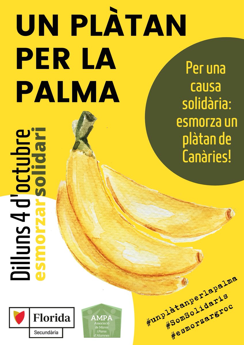 Ens sumem a la campanya 'Un plàtan per La Palma'. Dilluns 4 d'octubre esmorzar solidari a Florida Secundària 🍌 #unplàtanperlapalma #somsolidaris
#esmorzarsolidari #esmorzargroc