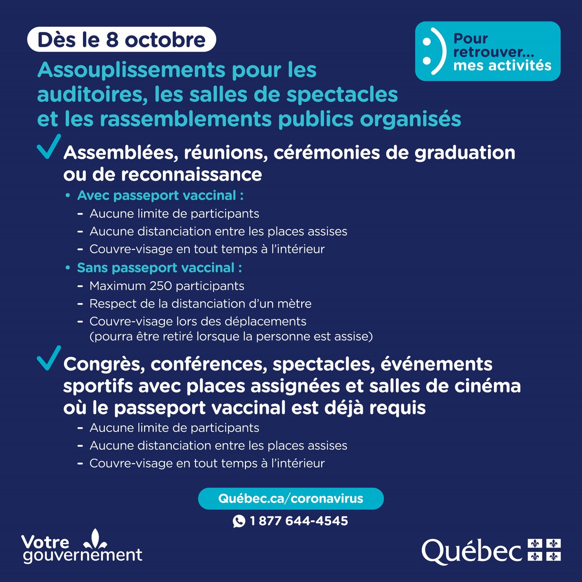 Le ministre de la Santé, @cdube_sante, et la ministre de la Culture, @NathalieRoyCAQ, ont annoncé plusieurs allégements pour le milieu culturel et sportif.
On peut faire ça grâce au passeport vaccinal et à notre excellent taux de vaccination.
Pour tous les détails 👇