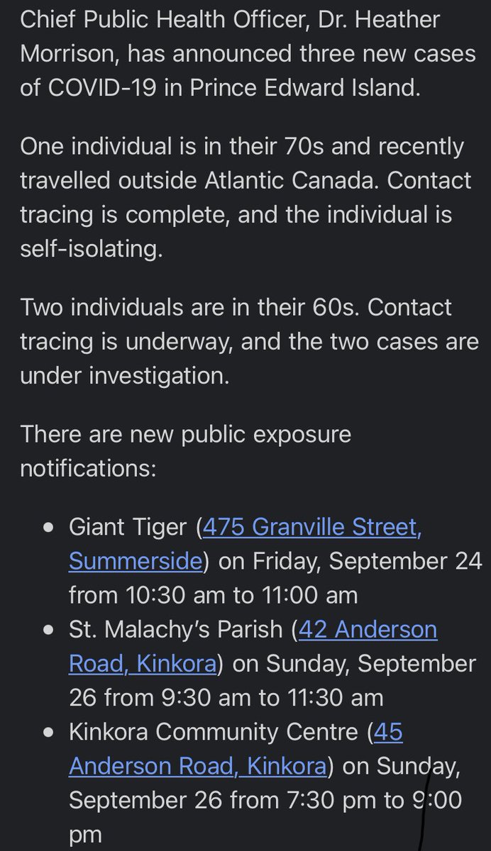 LouiseMartinCBC's tweet photo. FYI.  
3 new COVID-19 cases on PEI along with new public exposure locations: See release below 👇🏻#PEICOVID19 https://t.co/QaNK6AfTJv