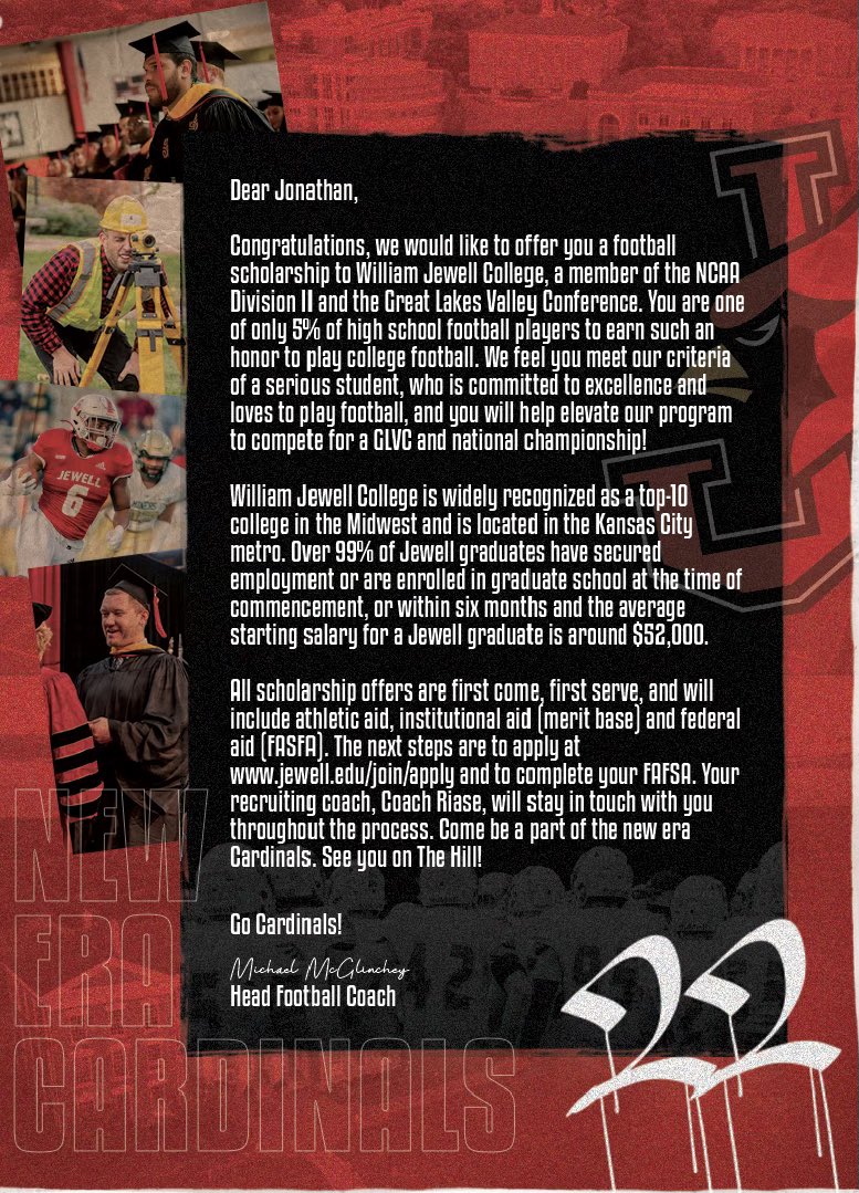 Jonathannclark's tweet photo. Blessed and thankful to have received an offer to continue my athletic and academic career at William Jewell College! #AGTG @JRiase @JewellFootball @vrhsfootball @RecruitsCenTex @FlxAtx https://t.co/Vha3FQaqZY
