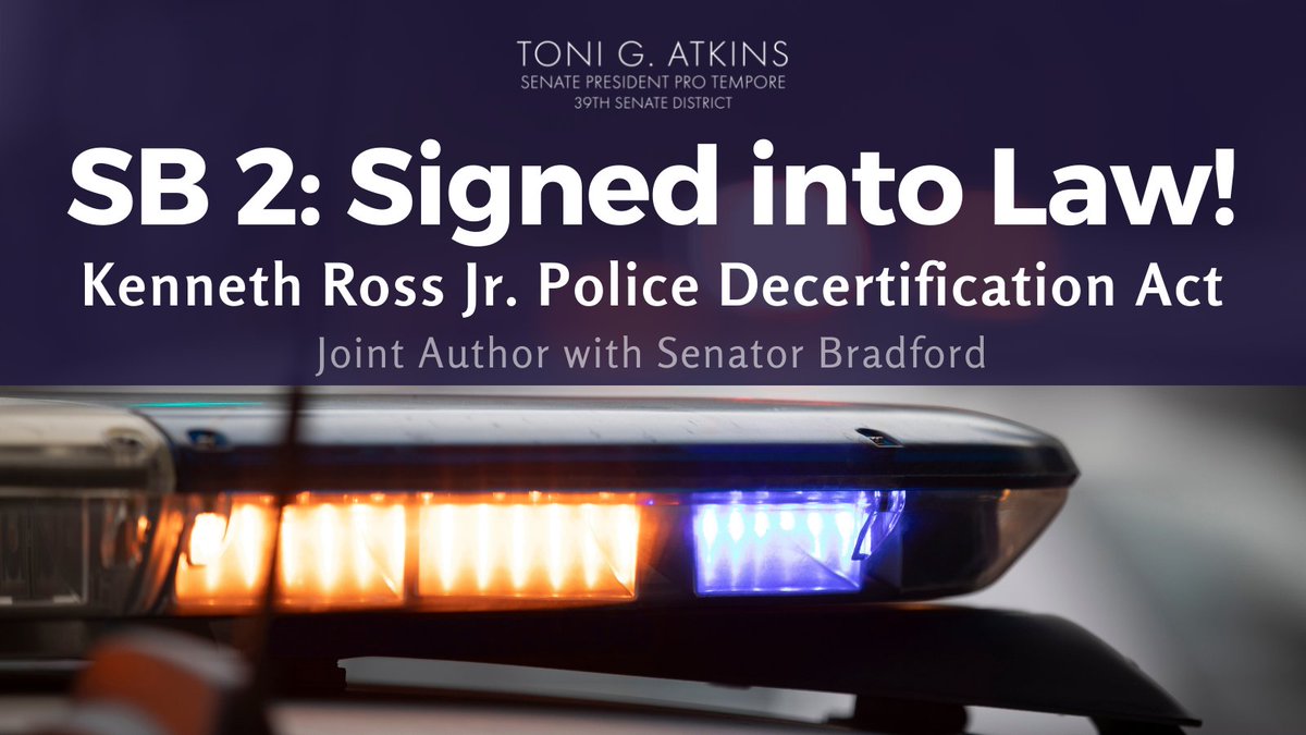 SenToniAtkins's tweet image. .@CAGovernor has signed #SB2! Thank you Senator @SteveBradford for your leadership and partnership on this much-needed police reform. Let’s put this law into action! #CALeg