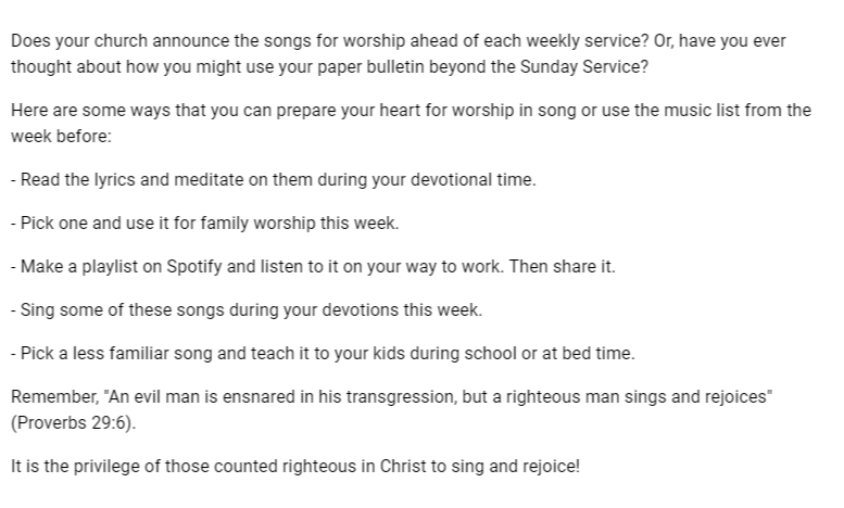 vcccfairfield's tweet photo. Does your church announce the songs for worship ahead of each weekly service? Or, have you ever thought about how you might use your paper bulletin beyond the Sunday Service?Here are some ways that you can prepare your heart for worship in song or use.. https://t.co/rojfVs0NEf