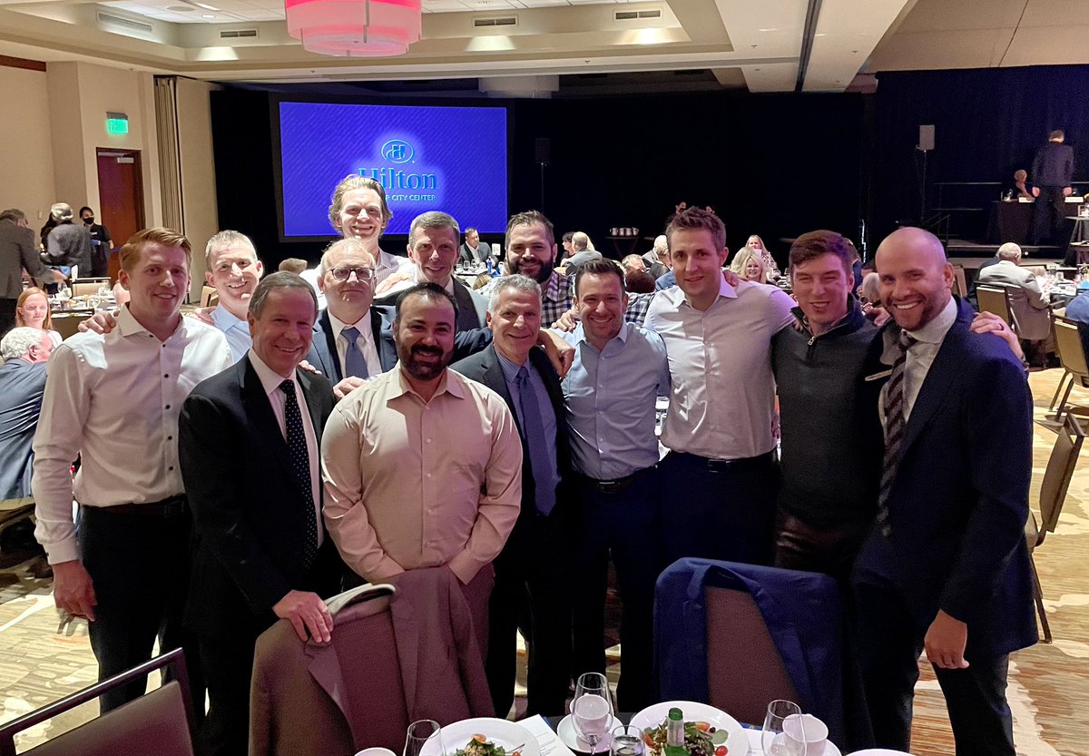 DU_Hockey's tweet image. A couple hockey alums were in attendance last night for @CoachGwoz’s induction into the @COSportsHoF. 

#PioneerTogether