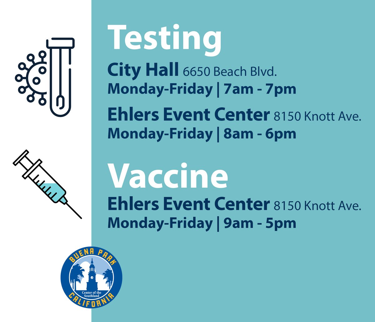 City Hall and Ehlers Event Center are convenient locations around the city providing the COVID vaccine or testing. Make an appointment or walk-up! For more: covidclinic.org/testing-sites