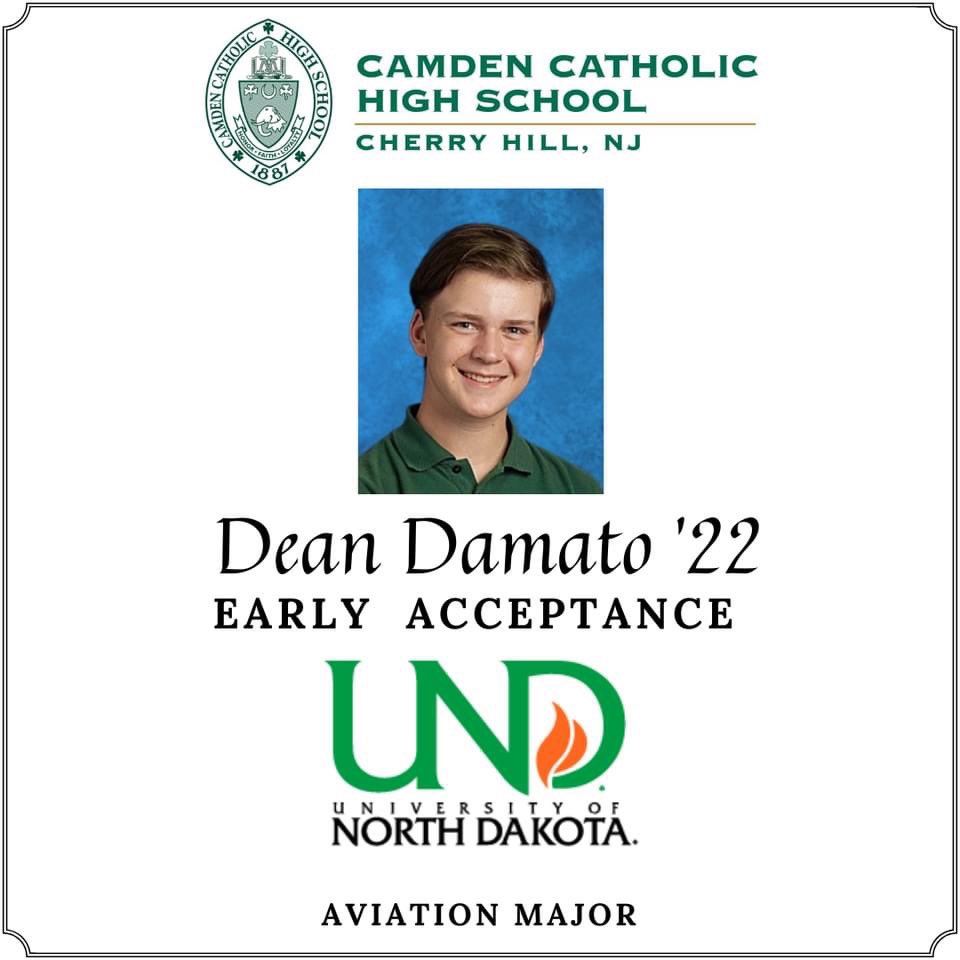 camdencatholic's tweet photo. Congratulations to the first two members of the CCHS Class of 2022 to receive early acceptances to college! Emily Kuhn - University of Tampa (Forensic Science) & Dean Damato - University of North Dakota (Aviation). #CCHS2022 #CollegeStartsHere #STEMatCCHS #ImagineCreateInnovate https://t.co/okzik9PARN