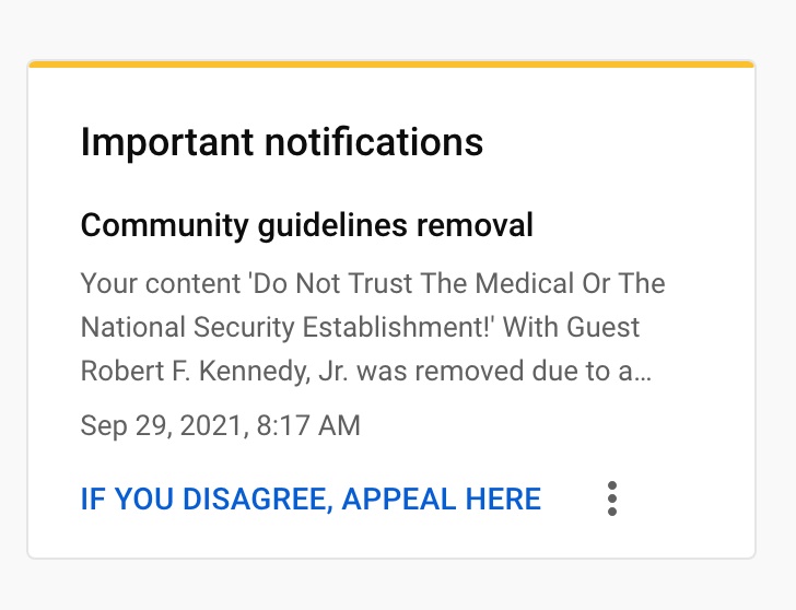RonPaul's tweet photo. Very unhappy to learn that @YouTube has also removed our Liberty Report episode with special guest @RobertKennedyJr - it was one of our most popular episodes. Fortunately you can still find it on free speech sites: https://t.co/nu1PxutAqb https://t.co/LV9h0szrHp