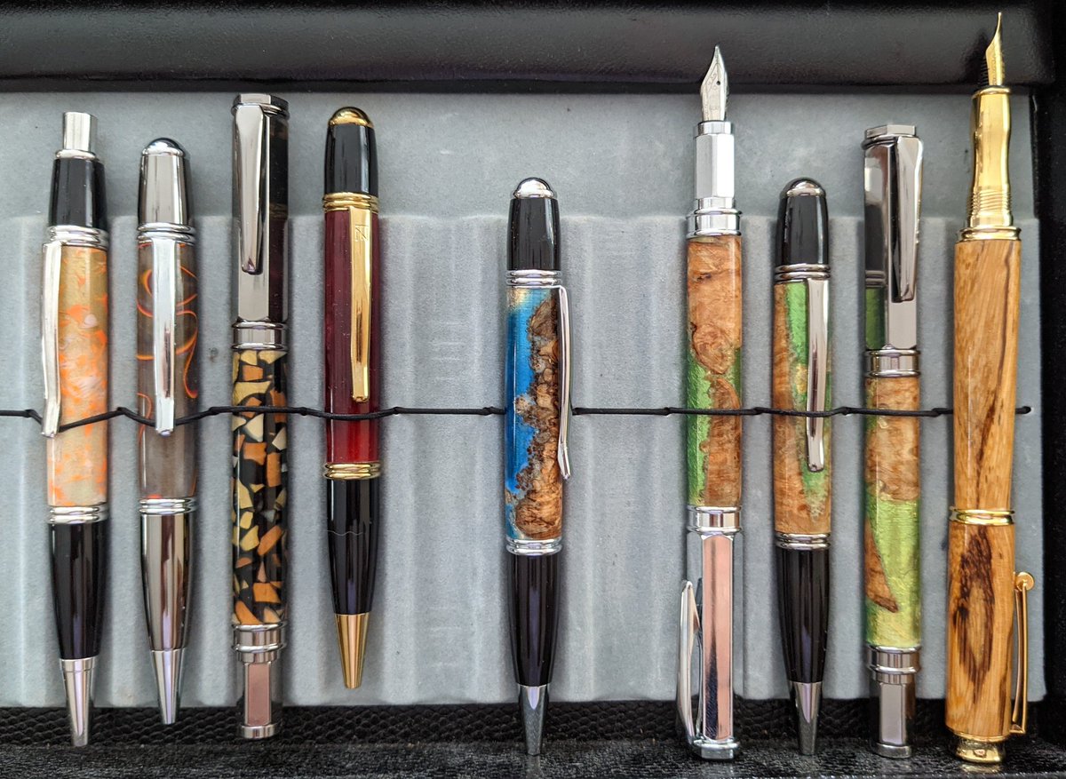 WoodworkingJess's tweet image. Pen inventory including new burl/resin hybrids (1 blue + 3 green, right-hand side) and the popular marblewood fountain pen (last on the right).

Come see them in person at Medford Oktoberfest, 12-4pm this Saturday, 10/2 on Riverside Ave (will be pedestrian-only)