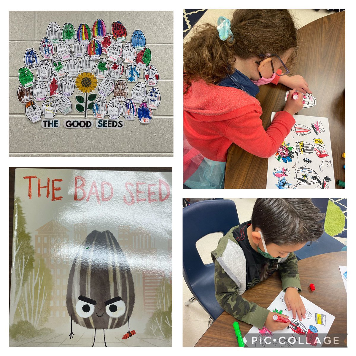 slp_thompson's tweet photo. This week our students learned about kindness and what it takes to be a kind person. We read The Bad Seed and made our own good seeds. What a great week to be a Hawk! #hoffmannhawks #NISDslps @NISDHoffmann https://t.co/R3TeEWz2rW