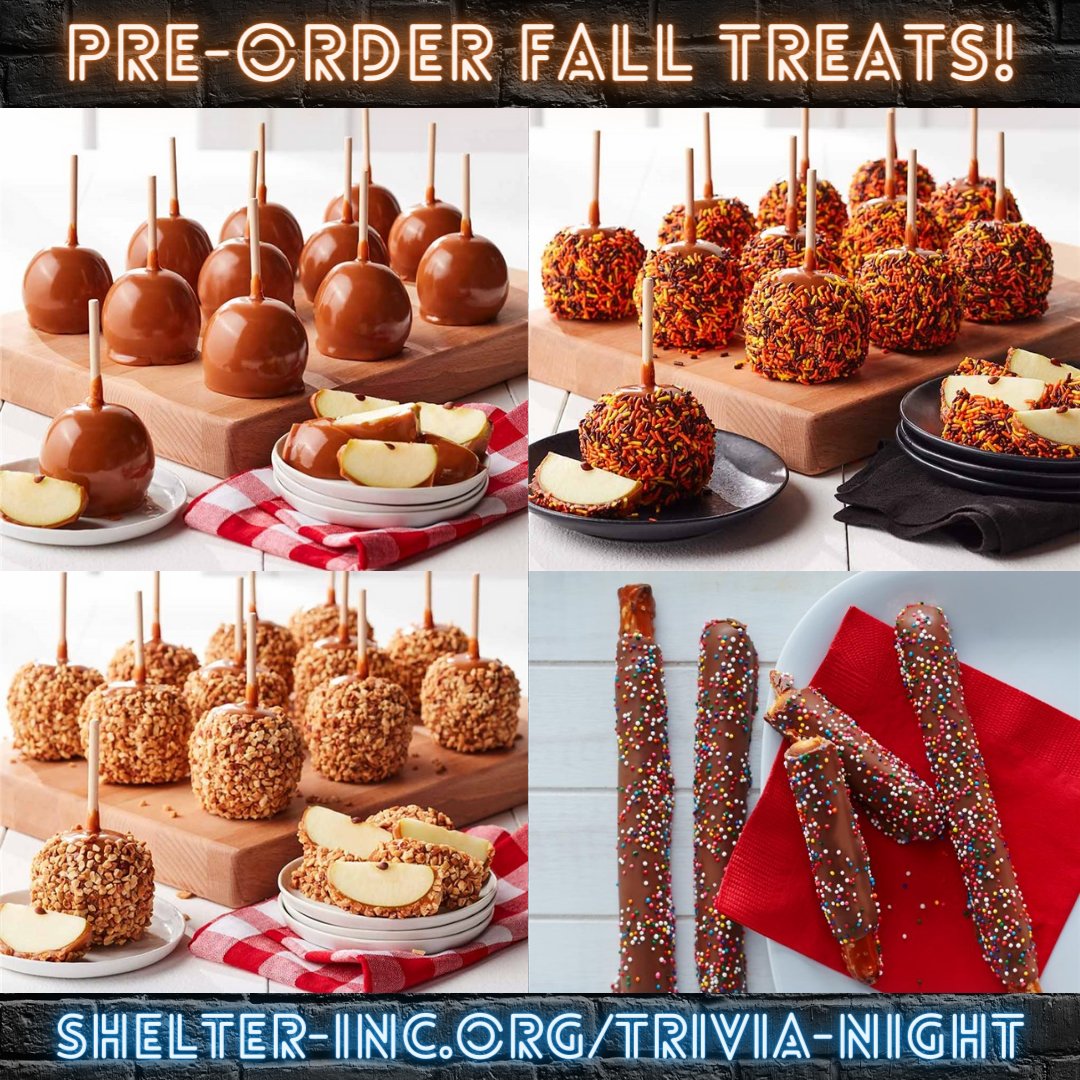ShelterInc's tweet photo. Pre-order Fall Treats! We are selling delicious taffy apples and chocolate covered pretzels for you to enjoy. This is a yummy way to support Shelter's programs!
Pre-order Fall Treats: https://t.co/HELS1NfZuh
#FallTreats #Trivia #TriviaNight #TaffyApple #Chocolate #AffyTapple https://t.co/3WlC5J0ZIF