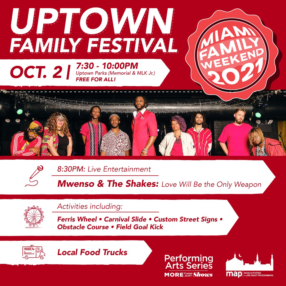 Miami MAP (@miami_map) on Twitter photo Calling all Miami families, friends, and students! Uptown Family Festival is this Saturday in Uptown Park from 7:30-10 PM! Free food, rides, games, and a great performance from Mwenso & The Shakes! Calling all Miami families, friends, and students! Uptown Family Festival is this Saturday in Uptown Park from 7:30-10 PM! Free food, rides, games, and a great performance from Mwenso & The Shakes!