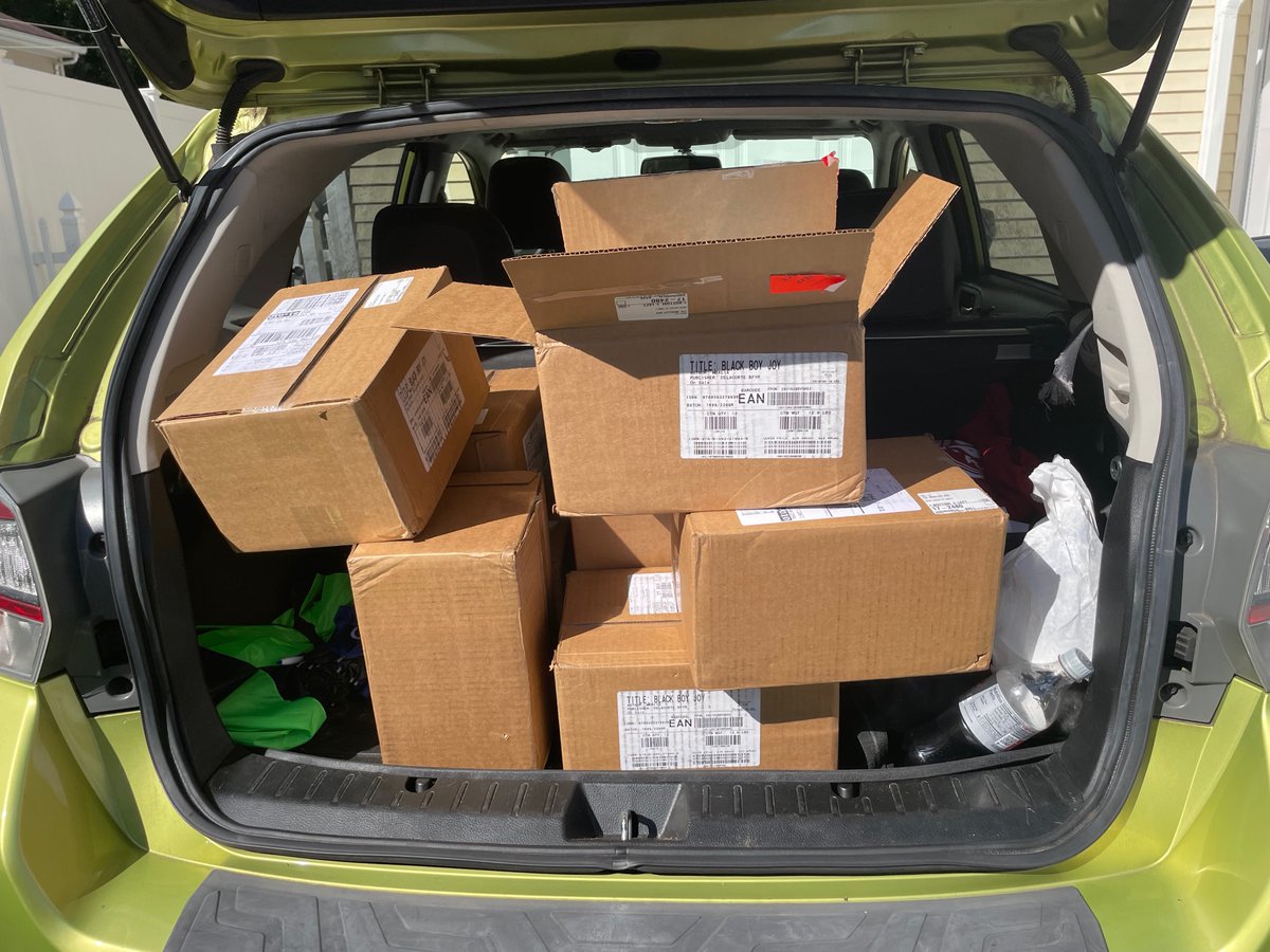 Phew. They all fit in the Subaru. Thank you @KSekouM for being on THE WRITE TIME. Now what is Crandall doing with so many copies? I have important teacher-leaders in @BridgeportPSchl and they are bringing joy to their students. An investment. Can't wait to deliver. - @BRCrandall