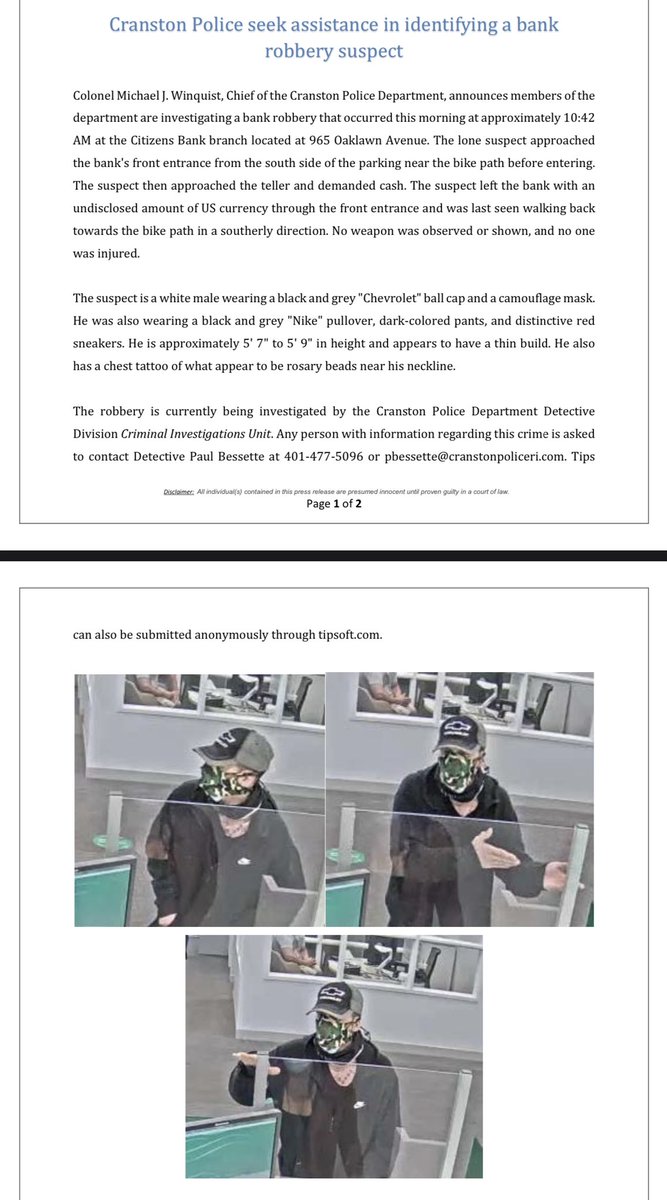 New: <a href="/Cranstonpolice/">Cranston Police RI</a> are seeking the public’s help in identifying a suspect in a bank robbery on Oaklawn Avenue this morning. Here’s their statement, along with security camera images of the suspect.