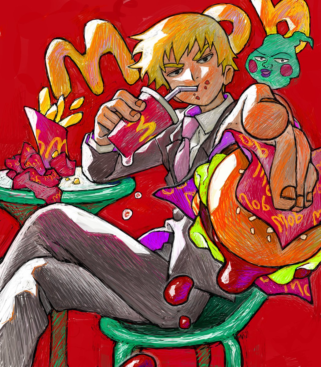 food burger 1boy blonde hair male focus necktie sitting  illustration images