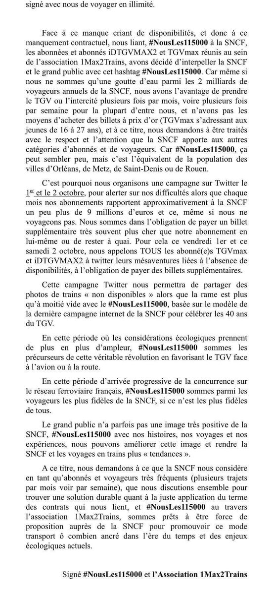 1max2trains's tweet photo. L’association @1Max2Trains regroupant les usagers #tgvmax et #idtgvmax2 a publié un communiqué de presse concernant l'action prévue ce week-end #NousLes115000 sur les réseaux sociaux face au mutisme de la @sncf.
Les photos du communiqué de presse sont ici ⬇️⬇️ #NousLes115000 https://t.co/ns7xIWGqyi