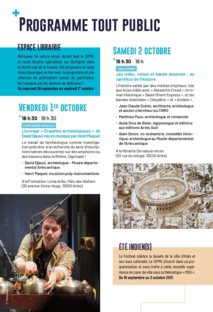Le #SIPPA - Symposium International des Professionnels des Patrimoines à #Arles - c'est aussi 2 temps forts pour le grand public avec 💙 la conférence musicale spéciale enquêtes archéologiques et 💚 la table ronde autour du #jeuvideo #bd et #roman
➡ sippa.eu