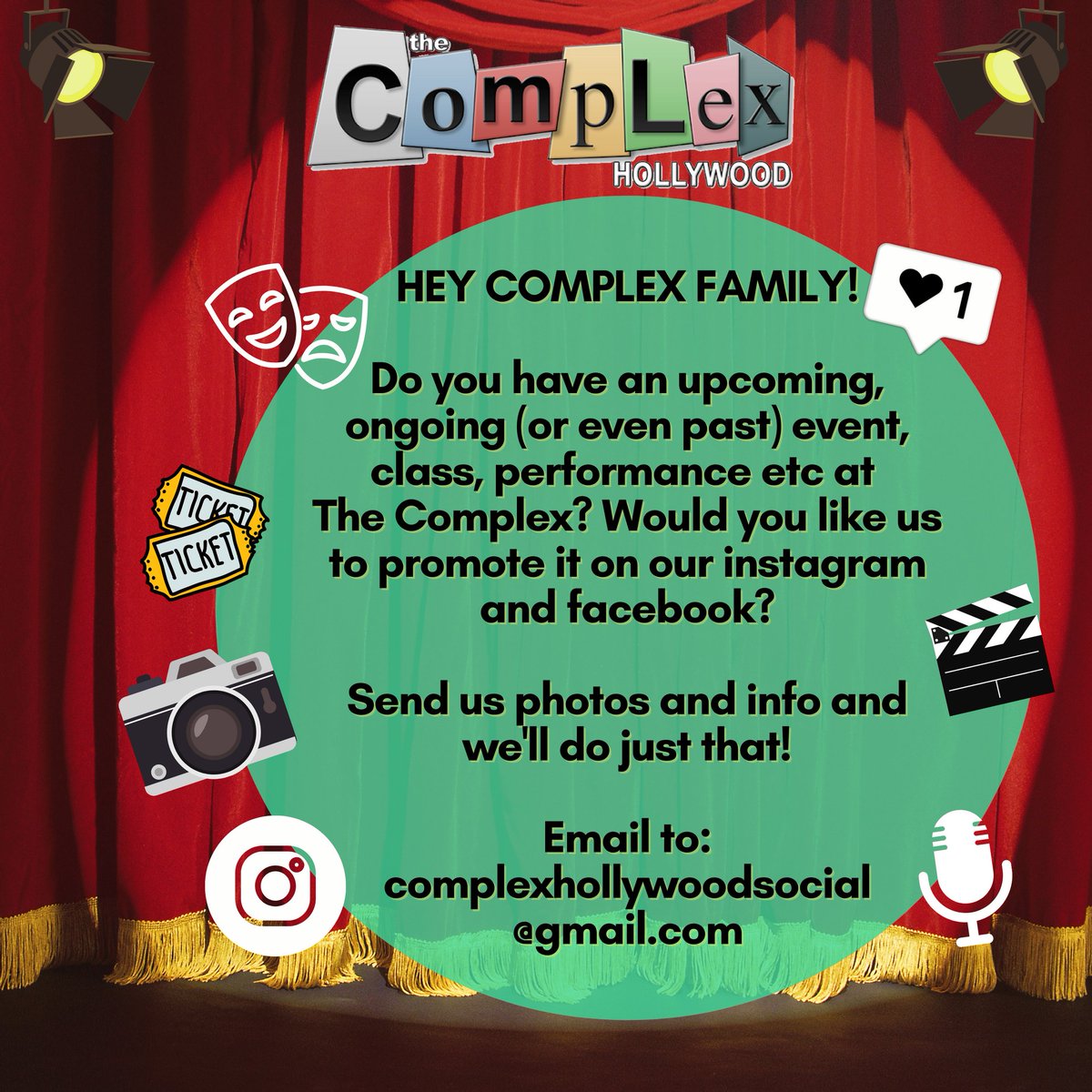 HEY COMPLEX FAMILY!

Do you have an upcoming, ongoing (or even past) event, class, performance, etc at 
The Complex? Would you like us to promote it on our instagram and facebook?

Send us photos and info and we'll do just that!

Email to: complexhollywoodsocial@gmail.com