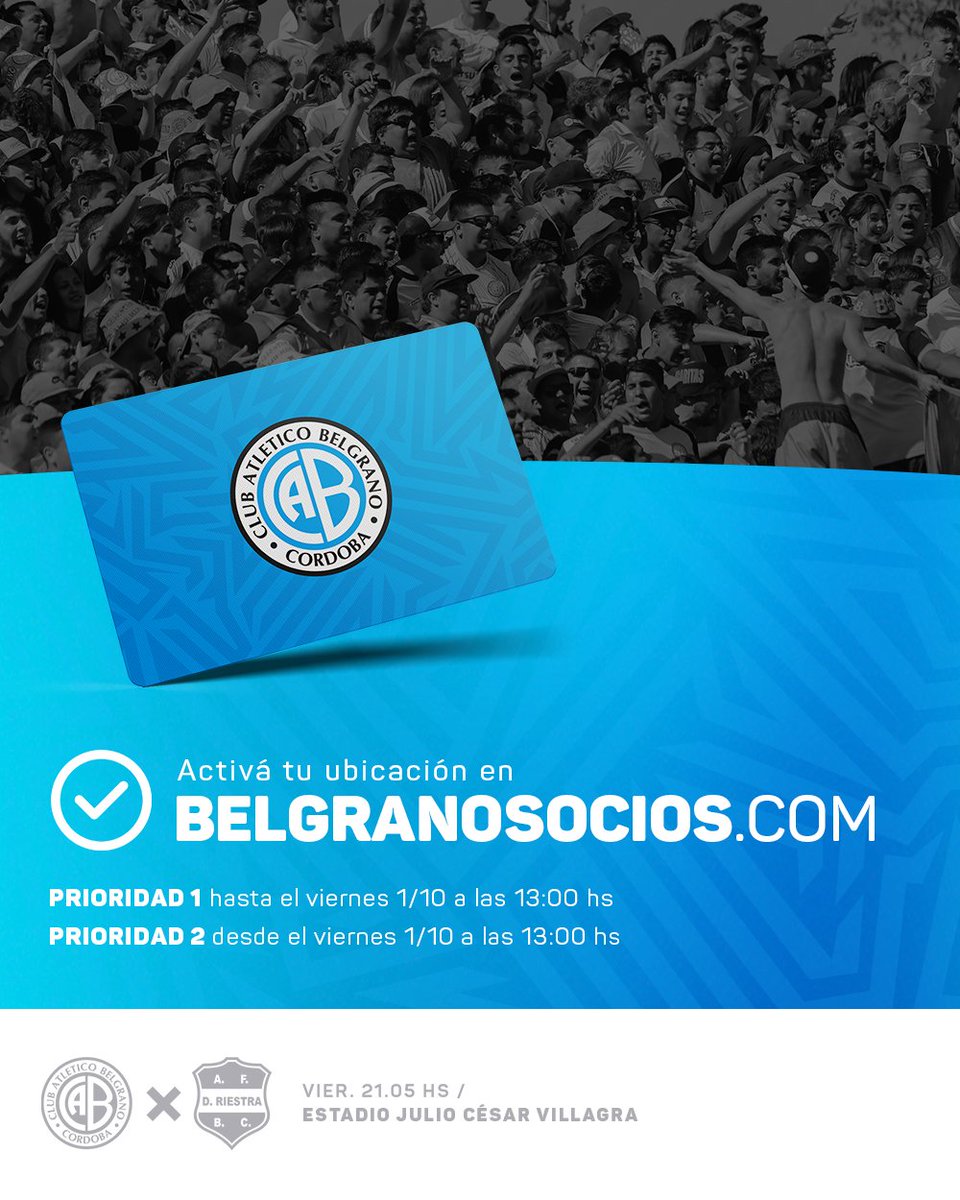 Belgrano's tweet photo. 🏟💻 #Belgrano informa que ya se encuentra habilitado el sitio https://t.co/O1hLewzLkd para que los socios y socias con prioridad 1 puedan activar su ubicación.

Más info:
https://t.co/Bgll12npf4 https://t.co/r1FEqNrKE8
