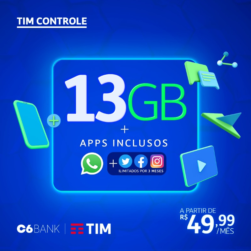 TIM BRASIL on X: Só com TIM Controle você tem MUITA internet todo mês para  usar como quiser! Garanta 9GB + 4GB de bônus abrindo uma conta grátis no C6  Bank +