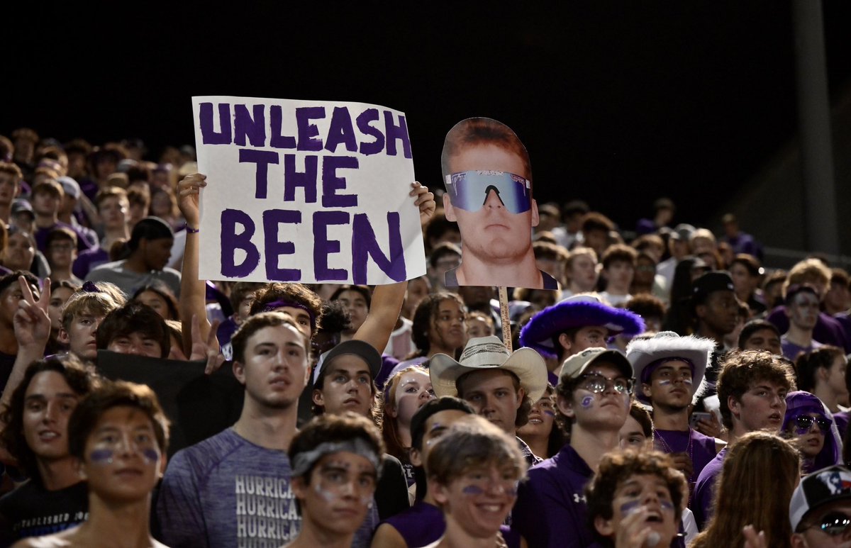 KleinISD's tweet photo. We’re here cheering on @KleinCainFB tonight for their Homecoming Game! Check out the school spirit in the stands &amp; on the sidelines. 😎💜🌀#ReignCain @KleinCain https://t.co/ZBvwRdu2Ks