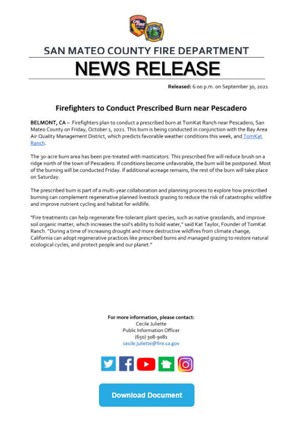 Firefighters to Conduct Prescribed Burn near Pescadero Friday 🔥 Smoke may be visible from Pescadero and Highway 1 in San Mateo County. 
Please click link for news release: #CaWx
▶️ tinyurl.com/59nz2ftw ◀️