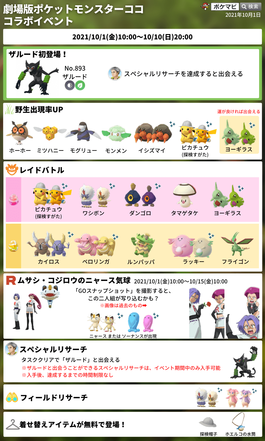 ポケモンgo攻略情報 ポケマピ ココ コラボイベント 野生 公式発表されたポケモン以外にも キャタピー ナゾノクサ ディグダ マンキーなどの出現率がアップ Goスナップショット ムサシとコジロウが写り込み フィールド上にはニャース または