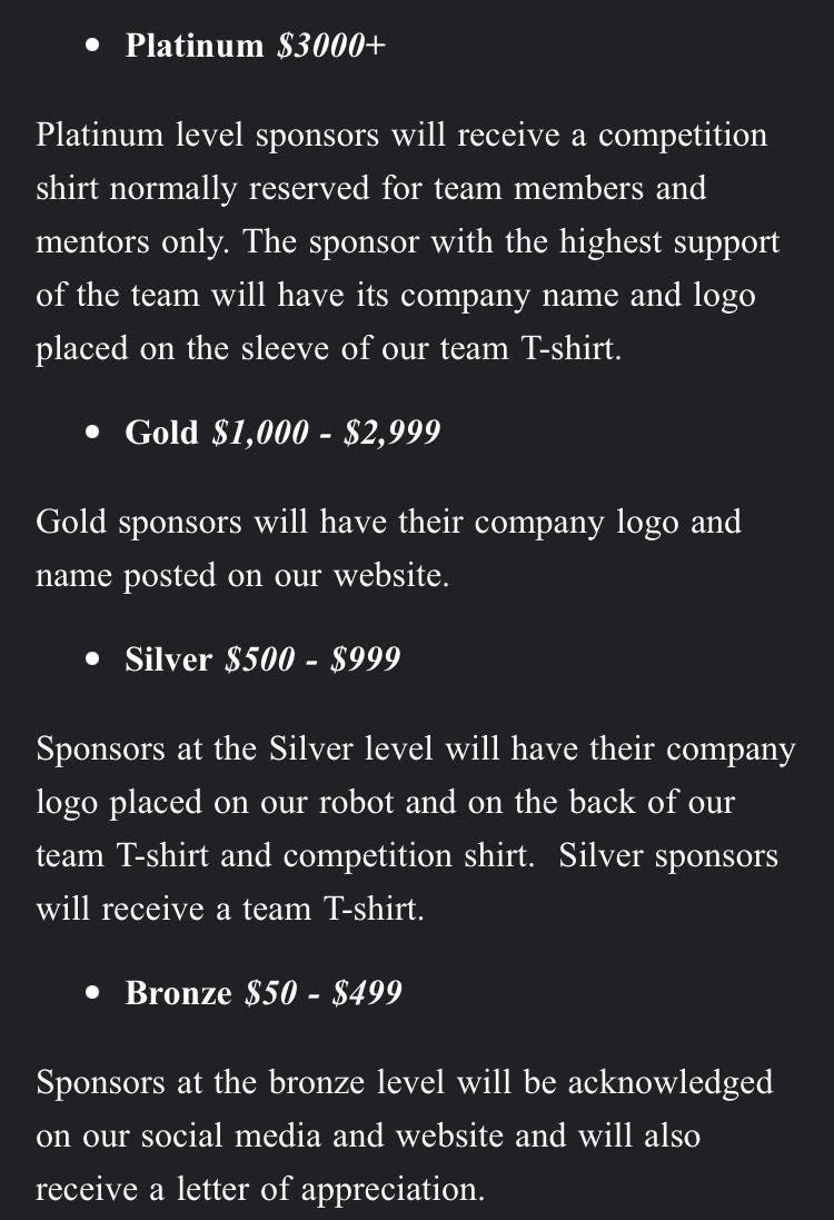 Attention Potential Sponsors : Here are our sponsorship levels and incentives