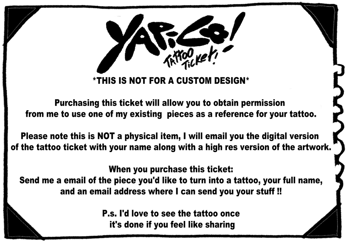 Been getting a lot of requests of getting my work used for tattoos so I officially now have a tattoo ticket up
If you want any of my work on your body as a tattoo, getting a tattoo ticket for my permission is the move