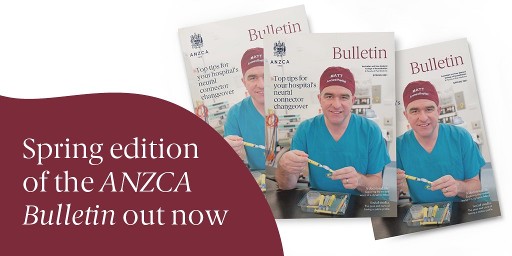 ANZCA's tweet photo. The Spring edition of the #ANZCABulletin includes the latest tips for your hospital's neural connector changeover; the military world of FANZCA Colonel Su Winter; & the pros and cons of having a public social media profile from @GongGasGirl. Out now: https://t.co/1IKnHip1EB https://t.co/ciCZDMnon8