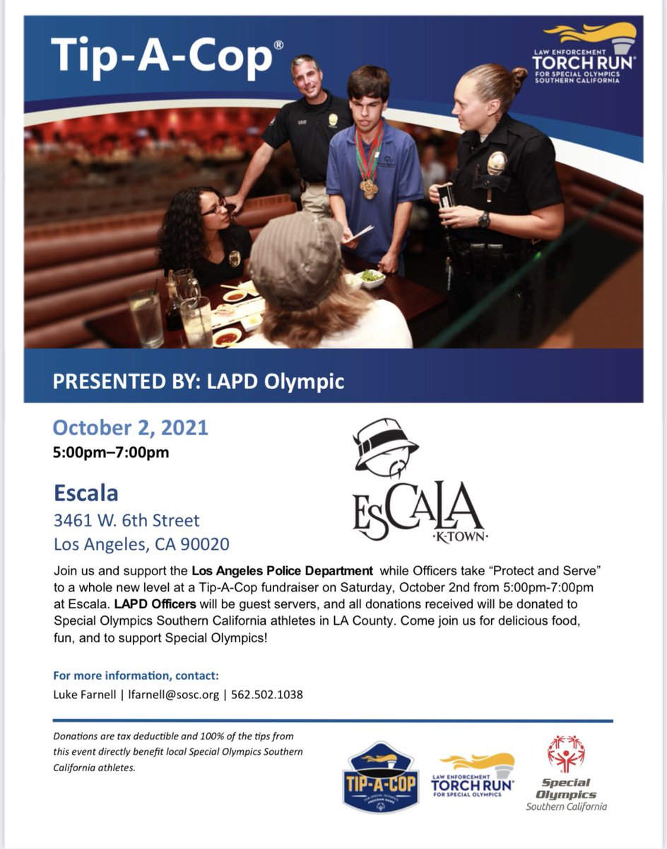 Come join us @escalaktown for delicious food, fun and to support <a href="/SOSoCal/">Special Olympics Southern California</a>