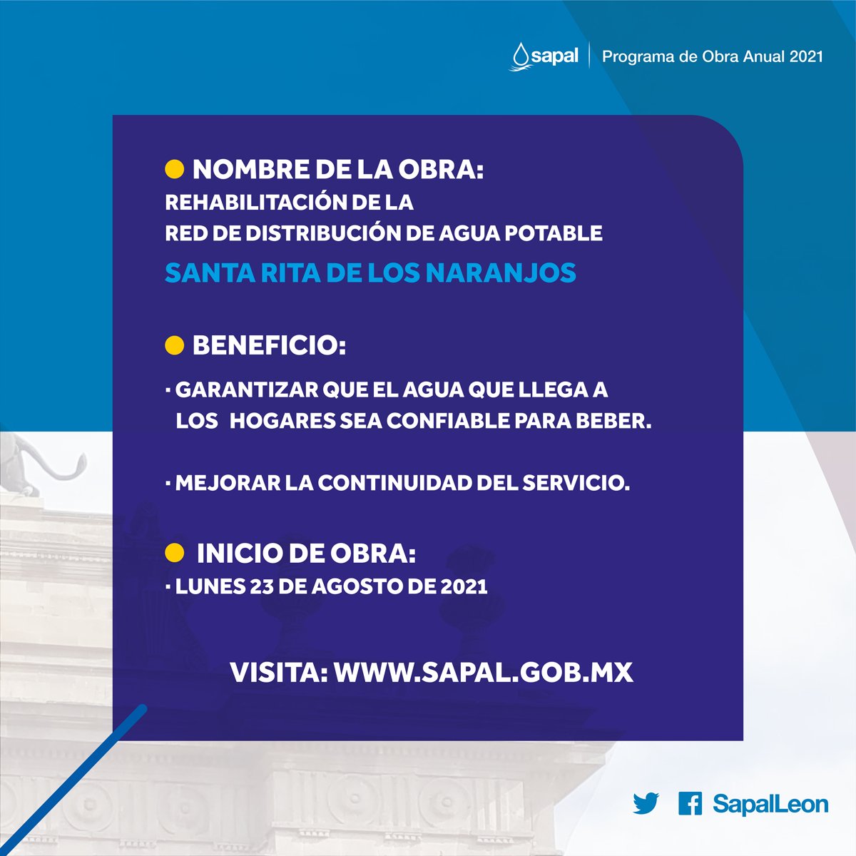 Sapalleon's tweet photo. #AvisoVial🚧👷🏼 #ContigoYPorTi, continuamos con la Rehabilitación de la Red de Distribución de Agua Potable de la Colonia Santa Rita de Los Naranjos. Intervenimos la zona delimitada por las calles: Andrómeda, Santa Olivia, Eclipse y el bulevar Torres Landa.
#EnSapalTrabajamosPorTi https://t.co/qEqbKpNTYP