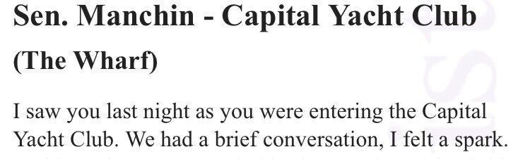 Senator <a href="/JoeManchinWV/">Joe Manchin</a>, I’d hate to see you miss out on this missed connection! washingtondc.craigslist.org/doc/mis/d/wash…