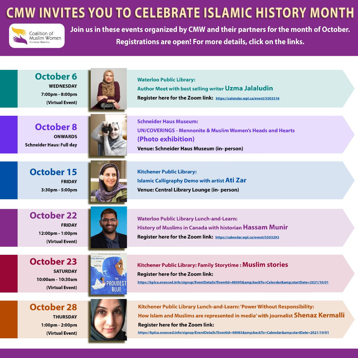CMW_KW2010's tweet photo. October is Islamic History Month! 
It is time to celebrate the rich narratives around Muslims and their culture. The Coalition of Muslim Women of KW (CMW) has partnered with several Waterloo region organizations to organize cultural events. See more at https://t.co/O559riXUiL https://t.co/qc3H8Emzks