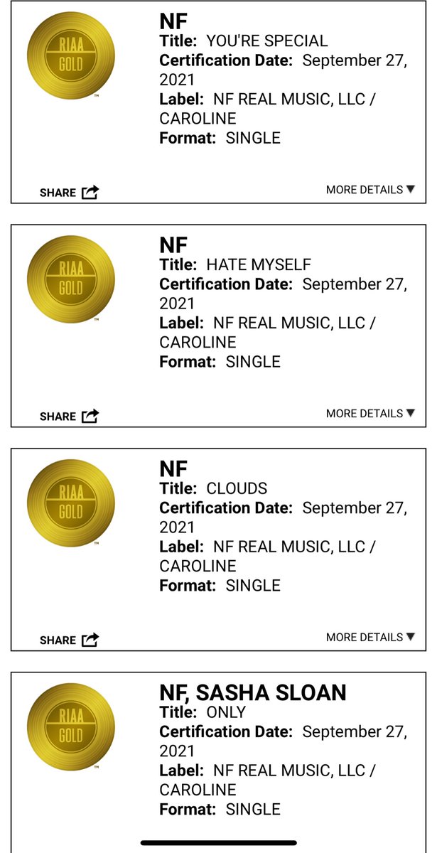 NFTROhlord's tweet photo. @RIAA tarafından Amerika Birleşik Devletleri'ndeki yeni @nfrealmusic sertifikaları: 
 You're Special Altın (500.000) 
 Hate Myself Altın (500.000)  
 Only Altın (500.000)  
clouds  (tek)  Altın (500.000) 
Şimdi NF'nin ülkede 3 Multi-Platinum, 6 Platinum ve 24 Gold single'ı var. https://t.co/yLvCYkB7zV