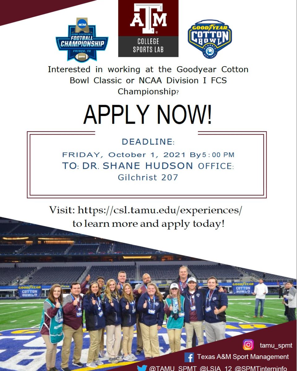 Don't forget to apply for Cotton Bowl and FCS Championship!  Tomorrow is the deadline.  See csl.tamu.edu