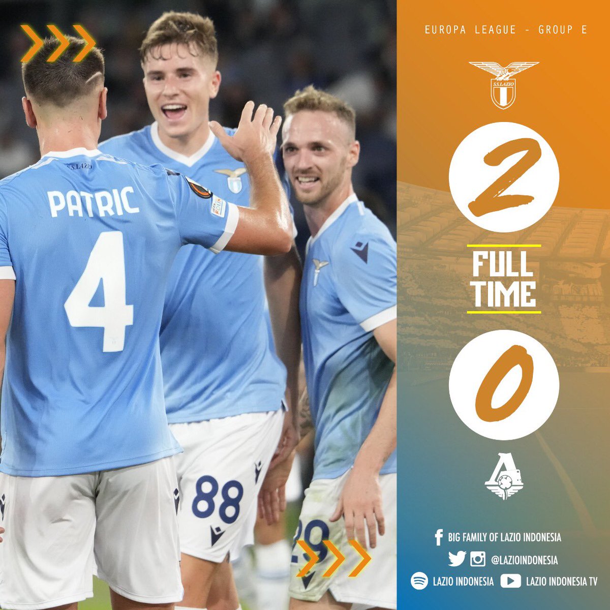 FT : <a href="/OfficialSSLazio/">S.S.Lazio</a> 2-0 <a href="/fclokomotiv/">ФК «Локомотив» Москва</a> .
⚽️ Toma Basic
⚽️ Patric

Kemenangan pertama di ajang <a href="/EuropaLeague/">UEFA Europa League</a> musim ini, semoga bisa konsisten ditengah jadwal padat.
FORZA LAZIO 🔵⚪️🦅

#EuropaLeague
#LazioIndonesia
#LazialeSamarinda