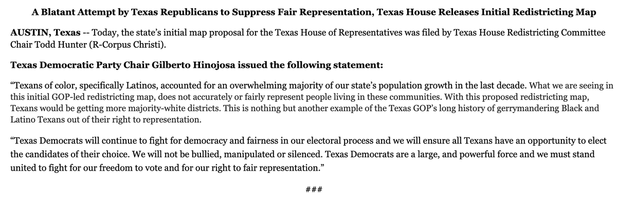 RELEASE: A Blatant Attempt by Texas Republicans to Suppress Fair Representation, Texas House Releases Initial Redistricting Map #txlege

Read more: texasdemocrats.org/media/a-blatan…