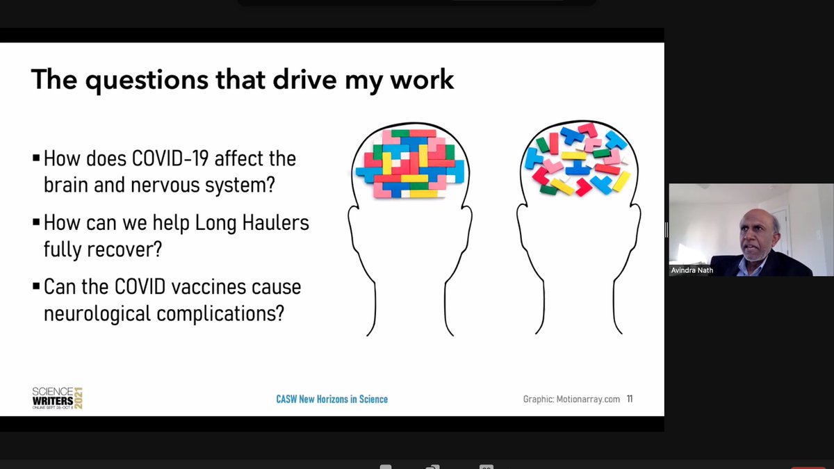 neurdy's tweet photo. Catching my first CASW
@ScienceWriting New Horizons in Science #SciWri21 session on #LongCovidScience.
Dr. Avindra Nath is giving an overview of what we know about the long-term neurological implications of #COVID19 infection.
Keep the mask over the nose! https://t.co/e0yqYuWwe7