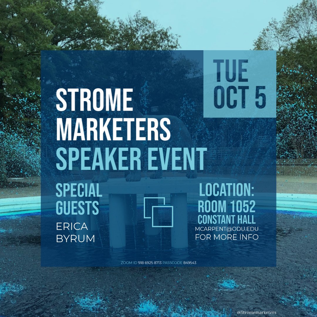 Stop by <a href="/Stromemarketer/">Strome Marketers</a>  speaker event, Tuesday October 5, 2021, and hear from <a href="/ericacampbell/">Erica Campbell Byrum</a> , assistant Vice President of social media for Apartments.com. #odu25 #odu24 #olddominionuniversity #oduama #usa #marketing #pr #internships #thursday #guestspeaker #zoom