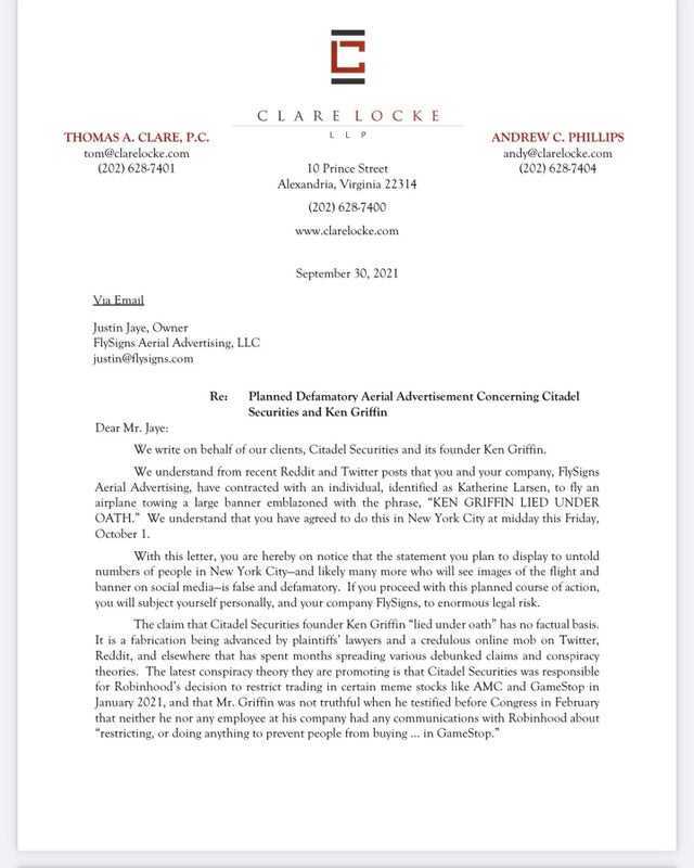 EpsilonTheory's tweet photo. Ken Griffin's lawyers threaten ... [checks notes] ... FlySigns Aerial Advertising with defamation suit.

This letter is a hoot! 

I'll just say that "responsible for" is doing a lot of work here. https://t.co/Plcvl18YTW