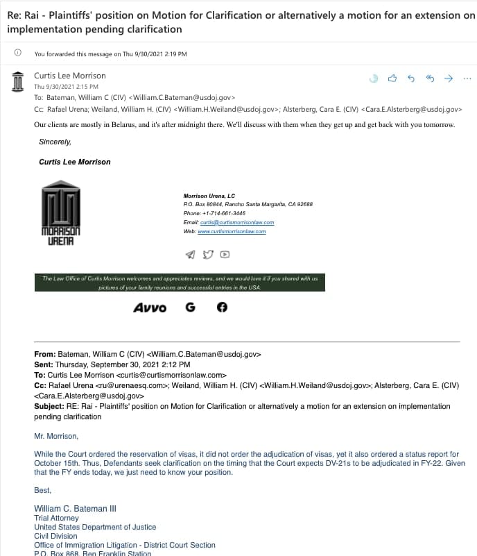 curtismorrison's tweet photo. Act II. "Defendants seek clarification on the timing that the Court expects DV-21s to be adjudicated in FY-22."

(note: this is about the #RaivBiden order) https://t.co/0ap2uwzoov