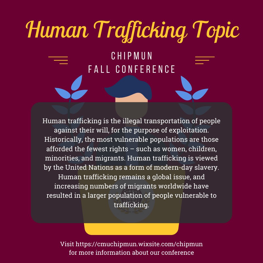 CHIPmun_cmu's tweet image. ChipMUN would like to share another topic that we will be exploring at our fall conference this year on November 12th. Please consider the following graphic discussing human trafficking and view the link below to register for our conference.
forms.gle/ufAyRo8WdVycDQ…