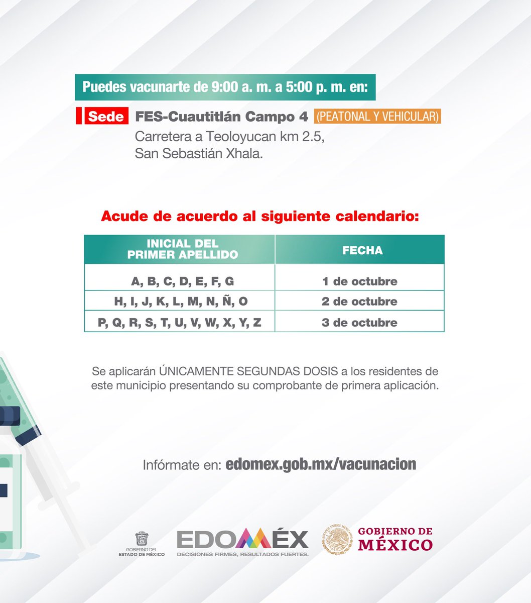 Del 1 al 3 de octubre estaremos aplicando la segunda dosis a personas de 18 a 29 años en #Cuautitlán. #EstrategiaDeVacunación